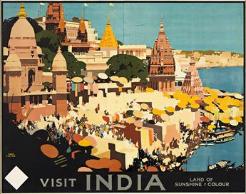 FRED TAYLOR (1875-1963). VISIT INDIA / LAND OF SUNSHINE & COLOUR. Circa 1930. 38¾x49 inches, 98½x124½ cm. Adams Bros & Shardlow Ltd., L          